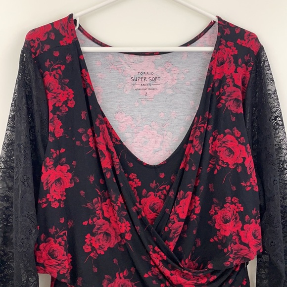 Torrid Super Soft Black Roses Lace Surplice Midi Top - Picture 5 of 15